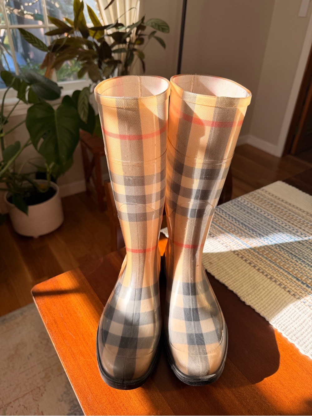Burberry Beige Plaid Rubber Rain Boots